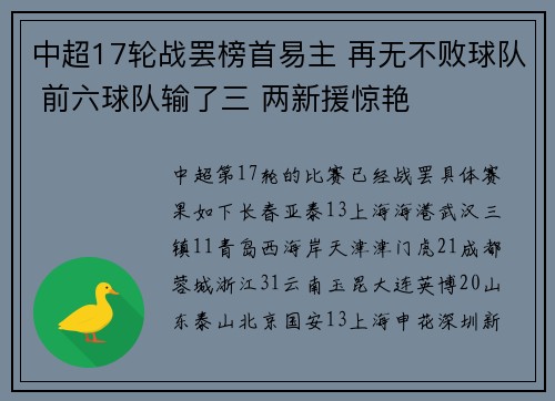 中超17轮战罢榜首易主 再无不败球队 前六球队输了三 两新援惊艳